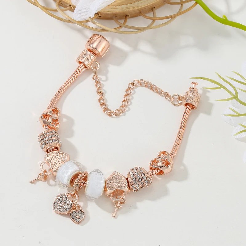 Gold Color Love Heart Charm Bracelets For Women Men DIY Crystal Beads Charm Bracelets Bangles Pulseira Jewelry Gift Dropshipping