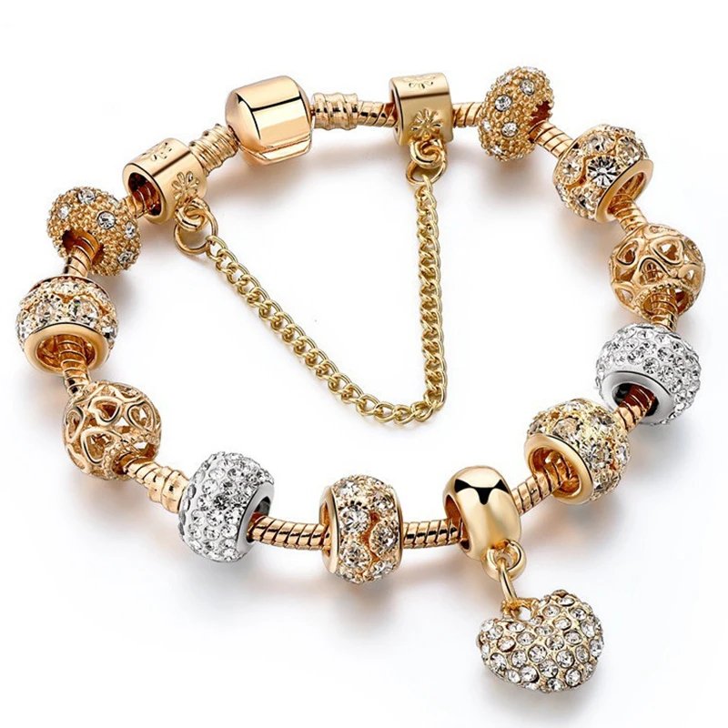 Gold Color Love Heart Charm Bracelets For Women Men DIY Crystal Beads Charm Bracelets Bangles Pulseira Jewelry Gift Dropshipping
