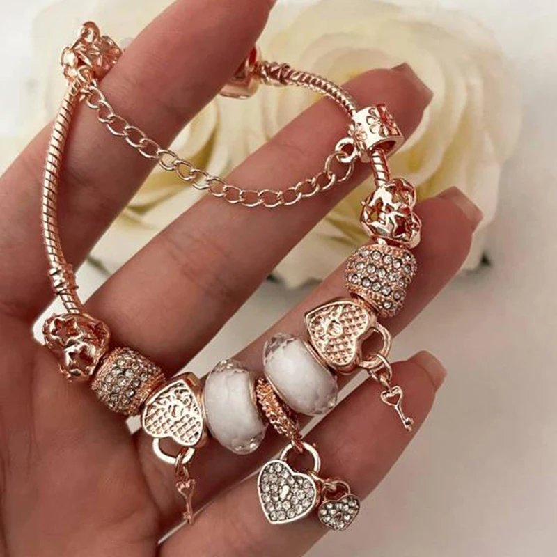 Gold Color Love Heart Charm Bracelets For Women Men DIY Crystal Beads Charm Bracelets Bangles Pulseira Jewelry Gift Dropshipping