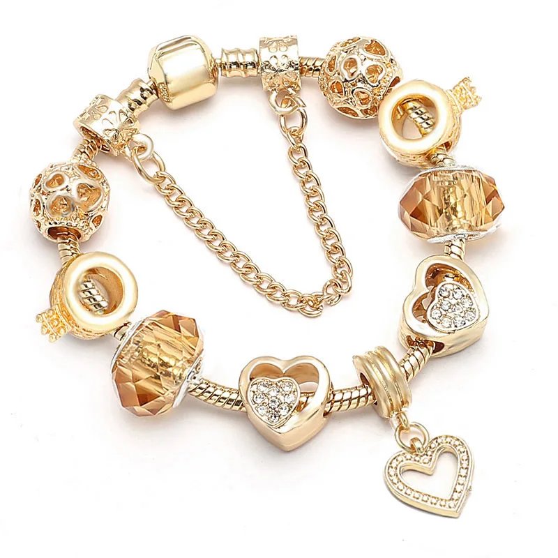Gold Color Love Heart Charm Bracelets For Women Men DIY Crystal Beads Charm Bracelets Bangles Pulseira Jewelry Gift Dropshipping