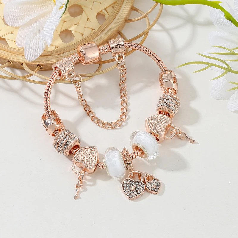 Gold Color Love Heart Charm Bracelets For Women Men DIY Crystal Beads Charm Bracelets Bangles Pulseira Jewelry Gift Dropshipping