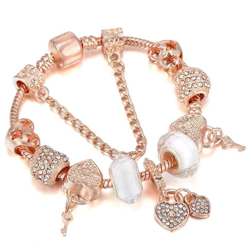 Gold Color Love Heart Charm Bracelets For Women Men DIY Crystal Beads Charm Bracelets Bangles Pulseira Jewelry Gift Dropshipping