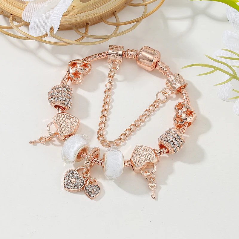 Gold Color Love Heart Charm Bracelets For Women Men DIY Crystal Beads Charm Bracelets Bangles Pulseira Jewelry Gift Dropshipping