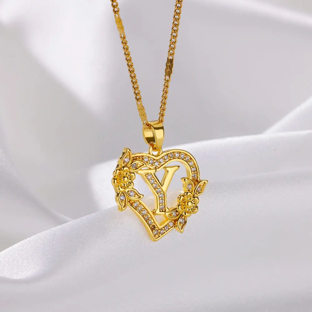 Zircon Flower Heart Initials Necklaces For Women Stainless Steel Heart Lover Gold Color Letter Chain Collar Necklace Jewelry Zircon Flower Heart Initials Necklaces For Women Stainless Steel Heart Lover Gold Color Letter Chain Collar Necklace Jewelry