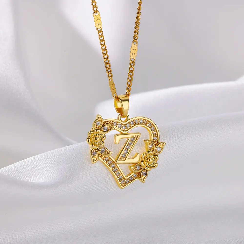 Zircon Flower Heart Initials Necklaces For Women Stainless Steel Heart Lover Gold Color Letter Chain Collar Necklace Jewelry Zircon Flower Heart Initials Necklaces For Women Stainless Steel Heart Lover Gold Color Letter Chain Collar Necklace Jewelry