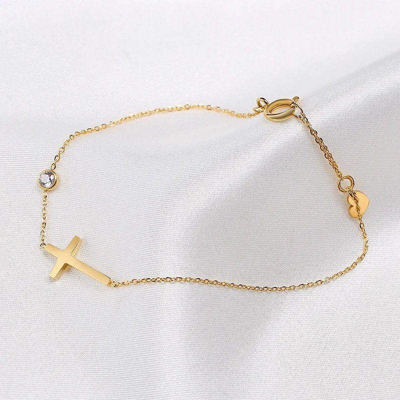 Women Minimalism Thin Chain Cross Crescent Moon Star Bracelet, Stainless Steel Female Adjustable Link Stacked Layered