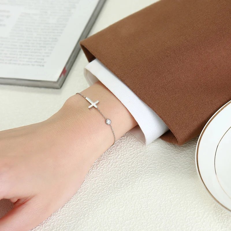 Women Minimalism Thin Chain Cross Crescent Moon Star Bracelet, Stainless Steel Female Adjustable Link Stacked Layered