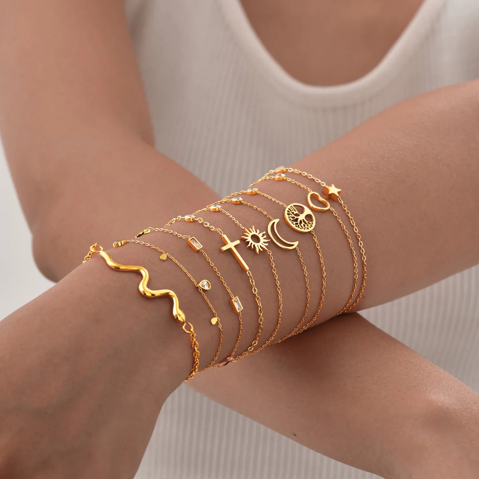 Women Minimalism Thin Chain Cross Crescent Moon Star Bracelet, Stainless Steel Female Adjustable Link Stacked Layered