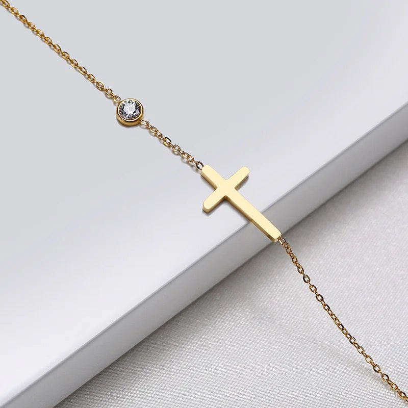 Women Minimalism Thin Chain Cross Crescent Moon Star Bracelet, Stainless Steel Female Adjustable Link Stacked Layered