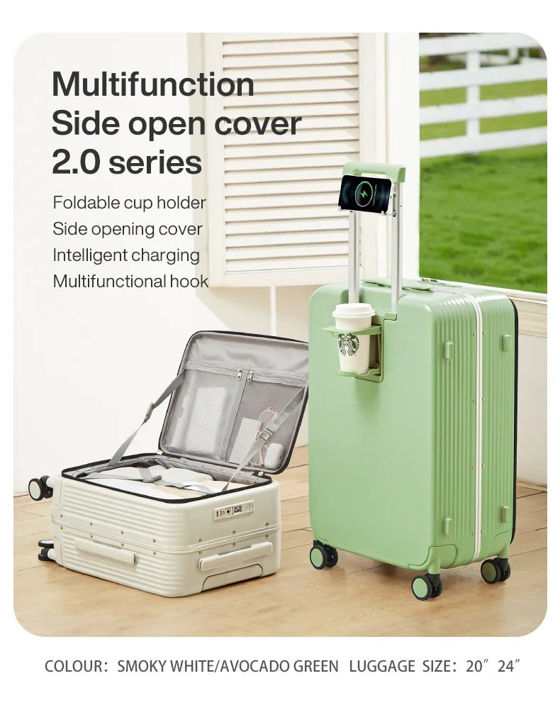 Mixi New Aluminum Frame Suitcase Carry On Rolling Luggage with USB Port Boarding Cabin Cup and Phone Holder 20 24 Inch