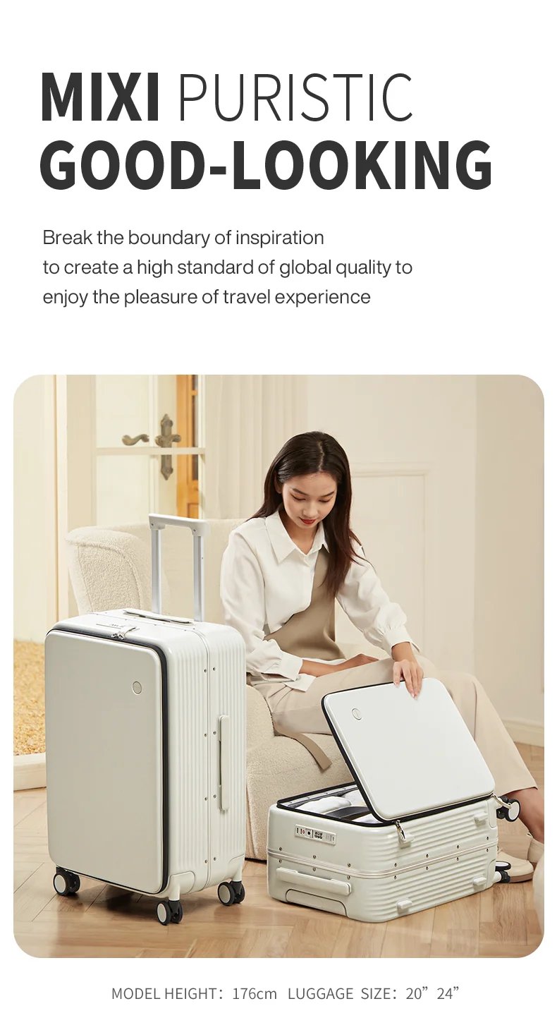 Mixi New Aluminum Frame Suitcase Carry On Rolling Luggage with USB Port Boarding Cabin Cup and Phone Holder 20 24 Inch
